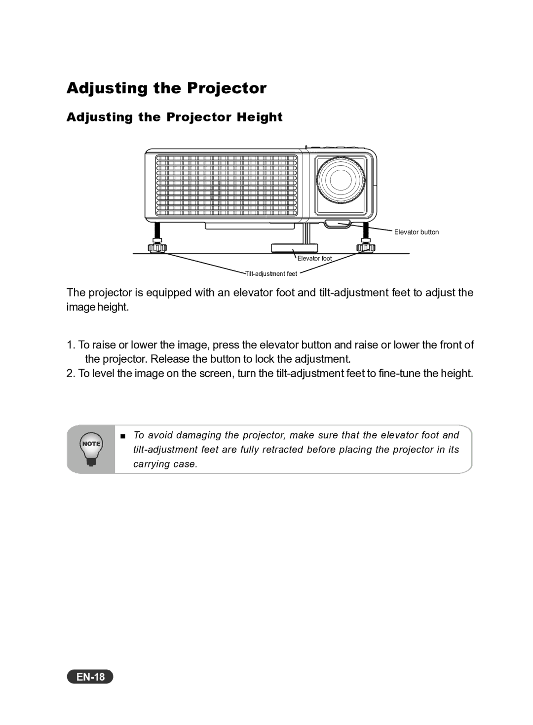 Eiki EIP-X350 owner manual Adjusting the Projector Height, EN-18 