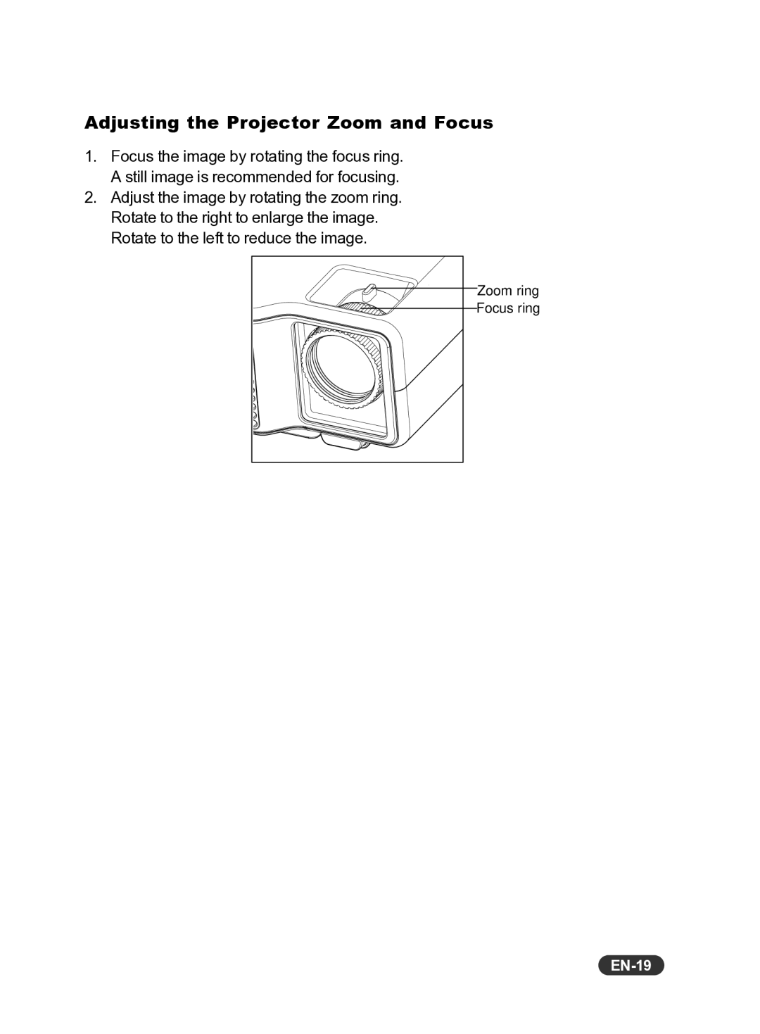 Eiki EIP-X350 owner manual Adjusting the Projector Zoom and Focus, EN-19 