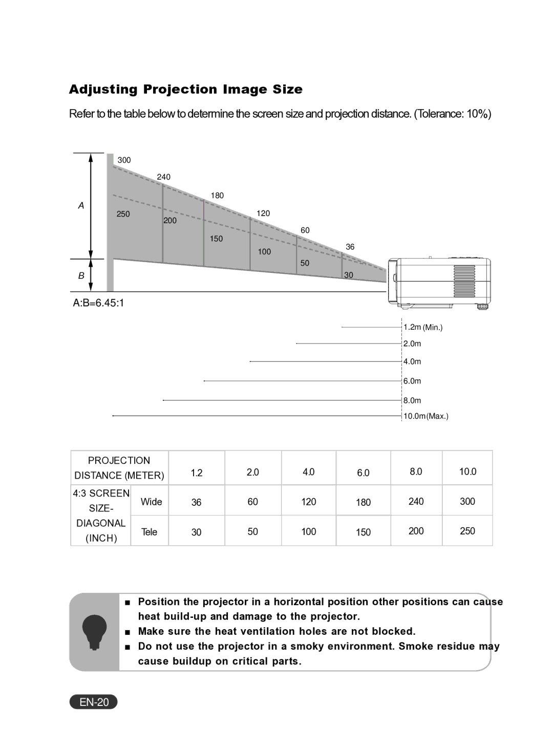 Eiki EIP-X350 owner manual Adjusting Projection Image Size, EN-20 