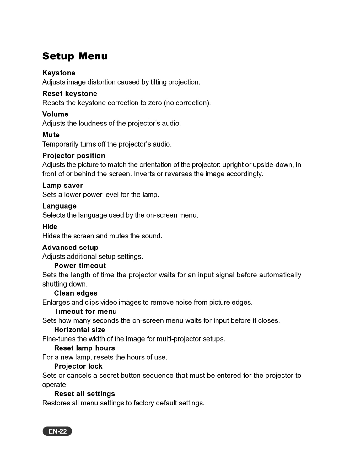 Eiki EIP-X350 owner manual Setup Menu, EN-22 