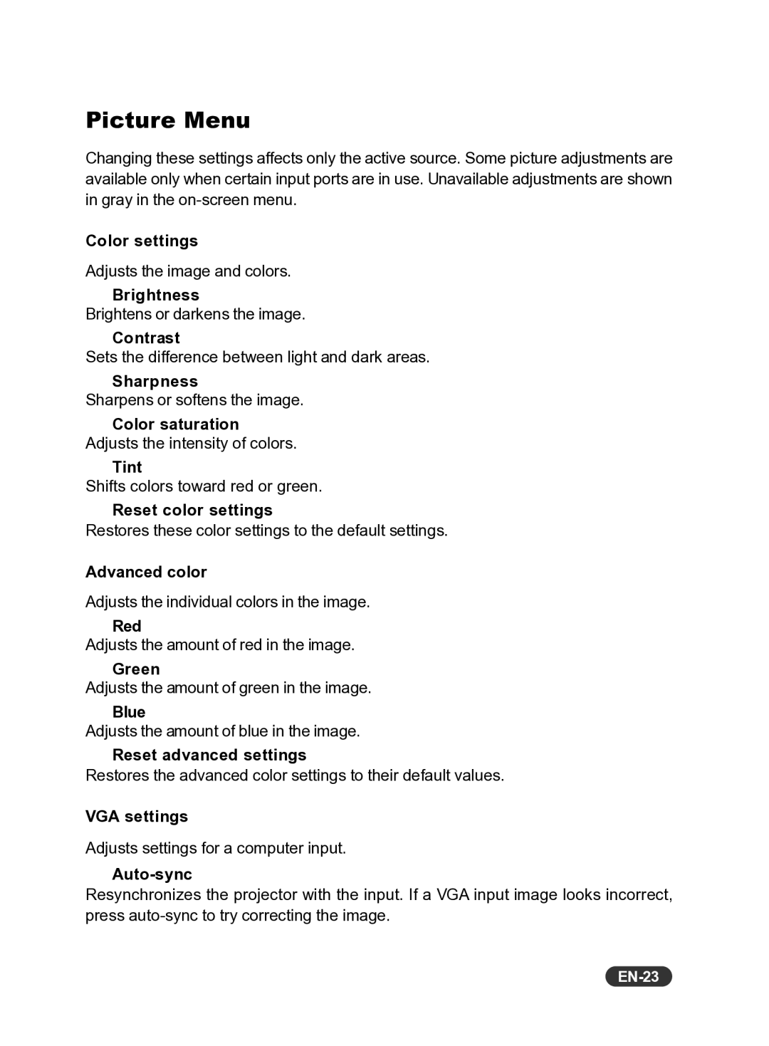 Eiki EIP-X350 owner manual Picture Menu, EN-23 