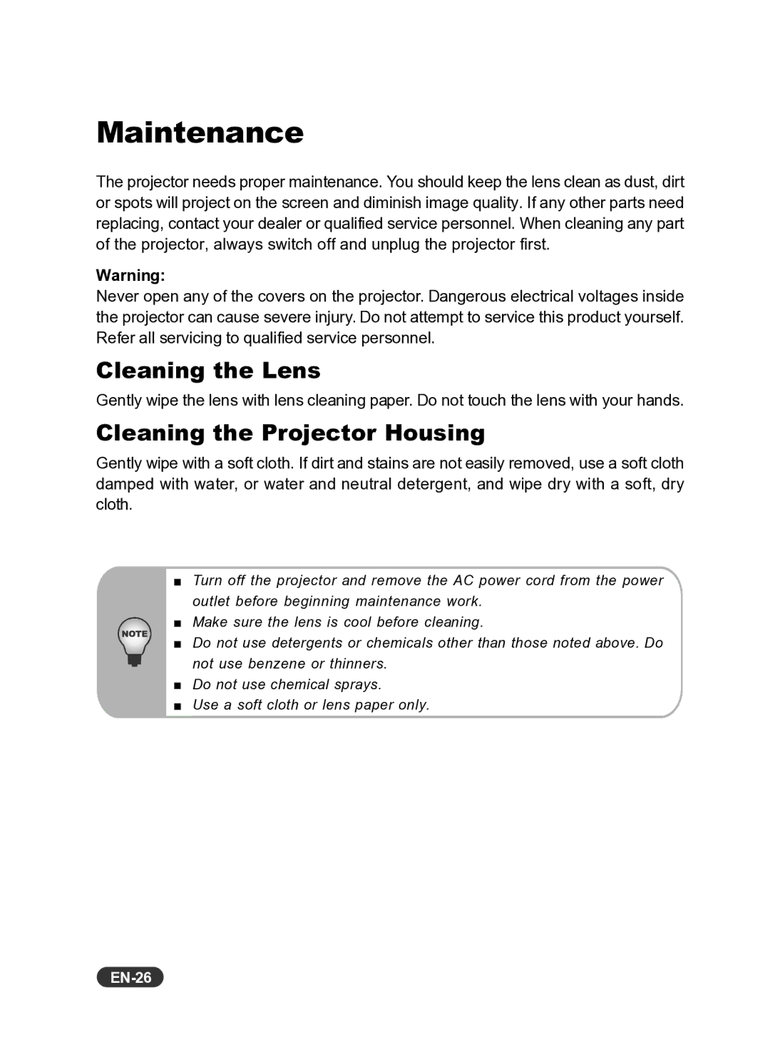 Eiki EIP-X350 owner manual Maintenance, Cleaning the Lens, Cleaning the Projector Housing, EN-26 