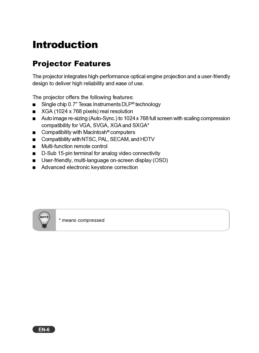 Eiki EIP-X350 owner manual Introduction, Projector Features, EN-6 