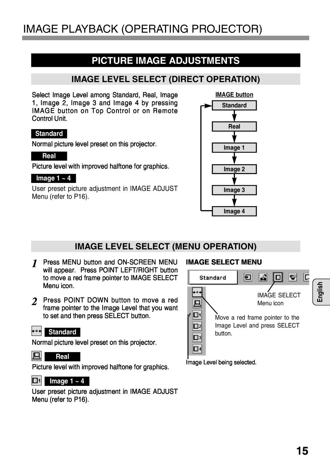 Eiki EVW-100 Picture Image Adjustments, Image Level Select Direct Operation, Image Level Select Menu Operation, Standard 