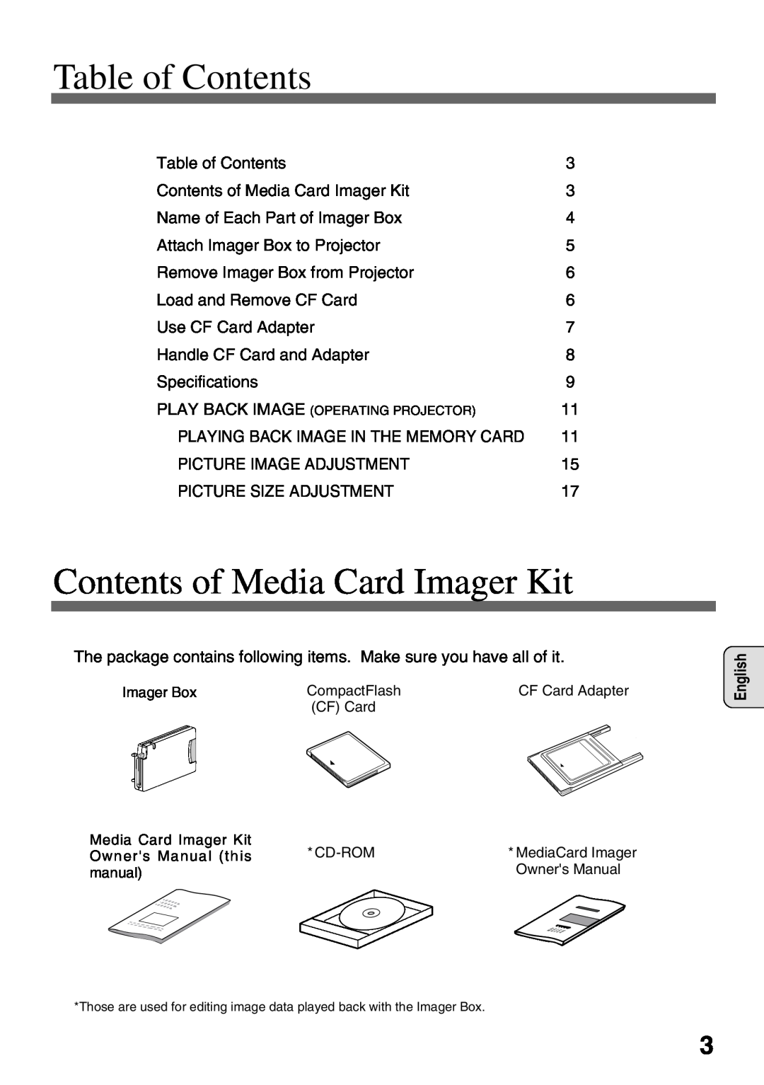 Eiki EVW-100 owner manual Table of Contents, Contents of Media Card Imager Kit 