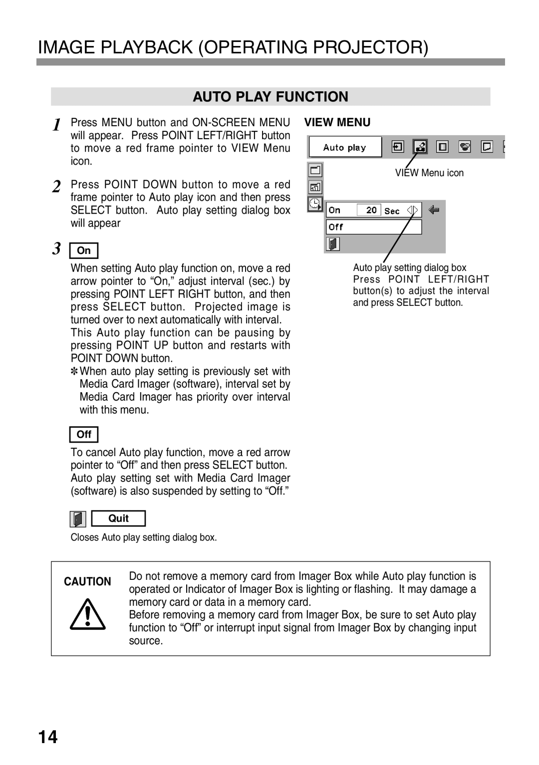 Eiki EVW-100 owner manual Auto Play Function, Off 