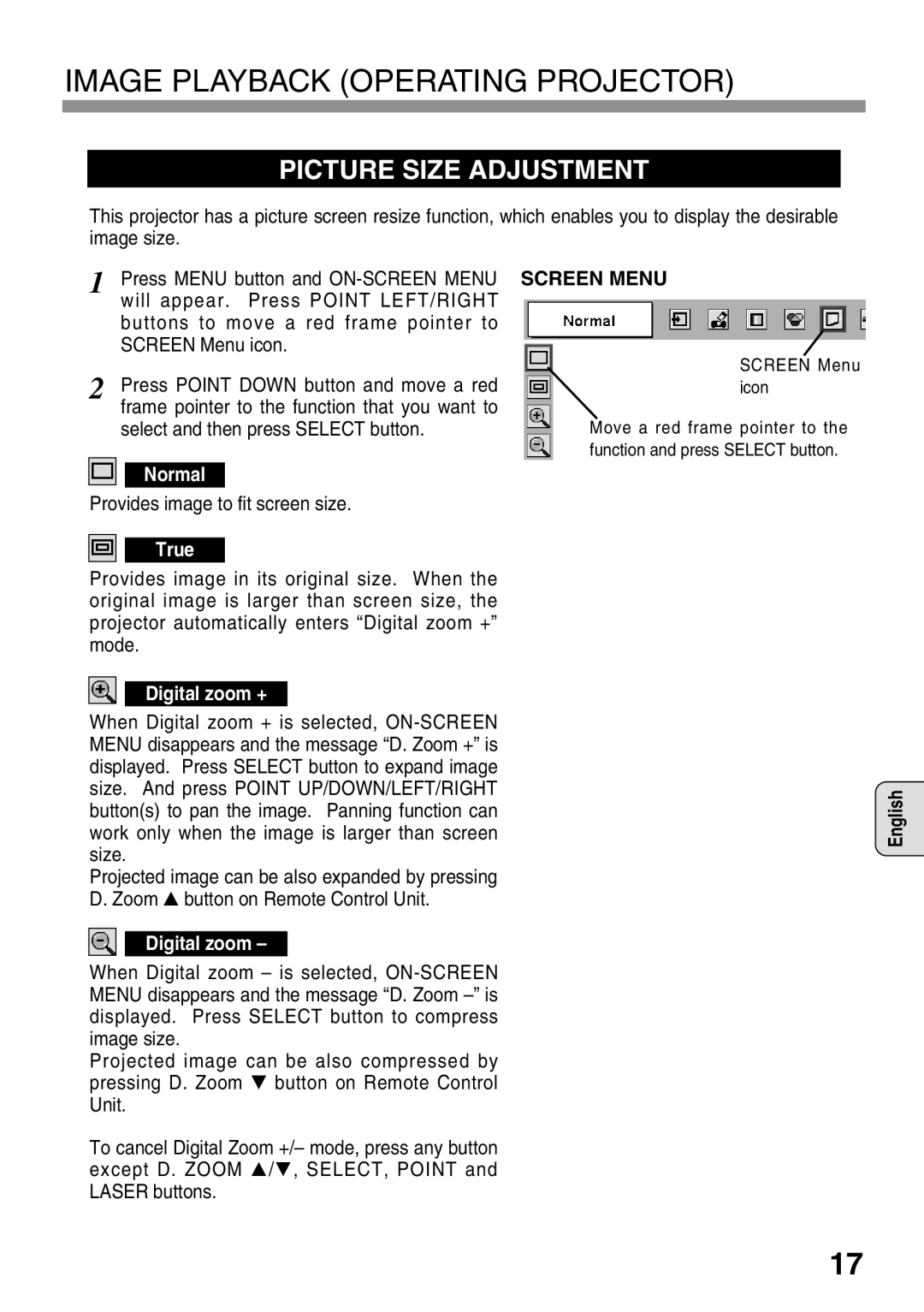 Eiki EVW-100 owner manual Picture Size Adjustment, Screen Menu 