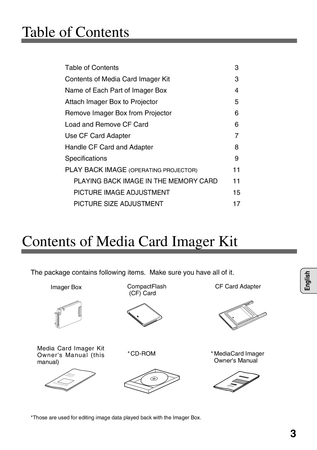 Eiki EVW-100 owner manual Table of Contents, Contents of Media Card Imager Kit 