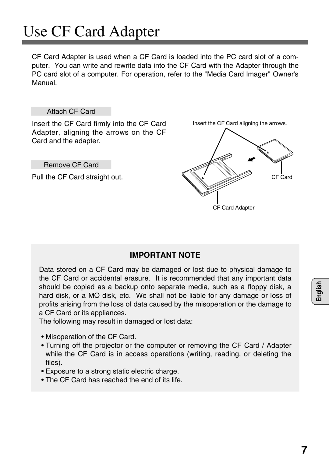 Eiki EVW-100 owner manual Use CF Card Adapter, Important Note 