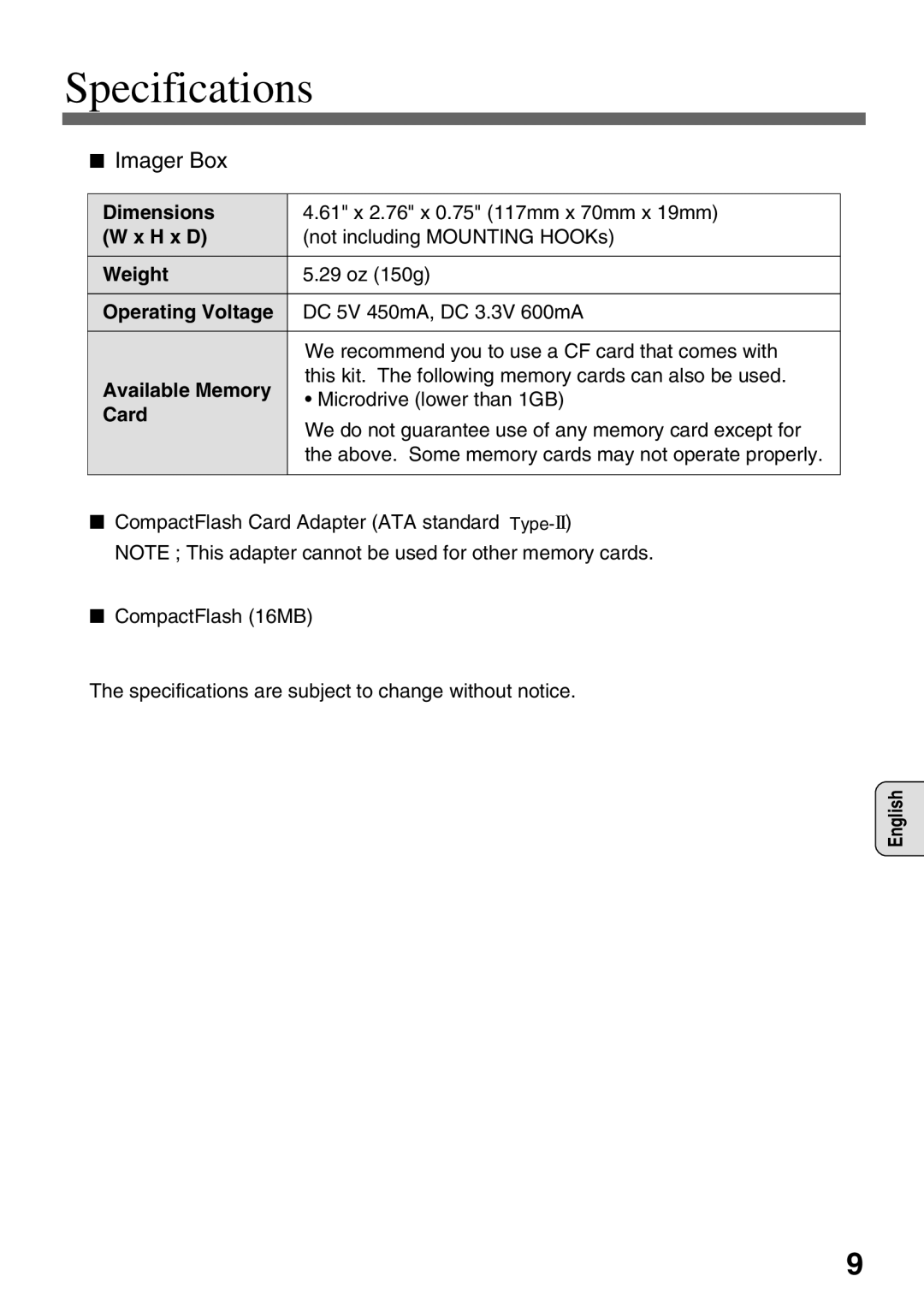 Eiki EVW-100 owner manual Specifications, Imager Box 