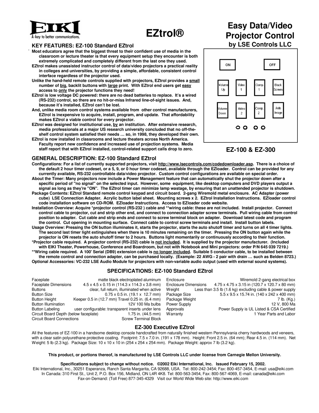 Eiki specifications EZtrol, Easy Data/Video Projector Control, By LSE Controls LLC EZ-100 & EZ-300 