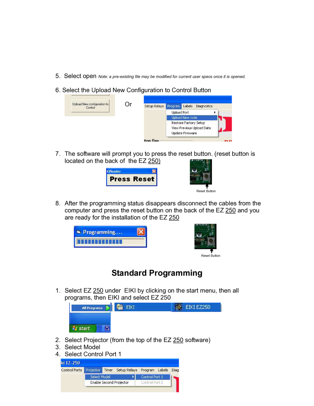 Eiki EZ 250 owner manual Standard Programming 