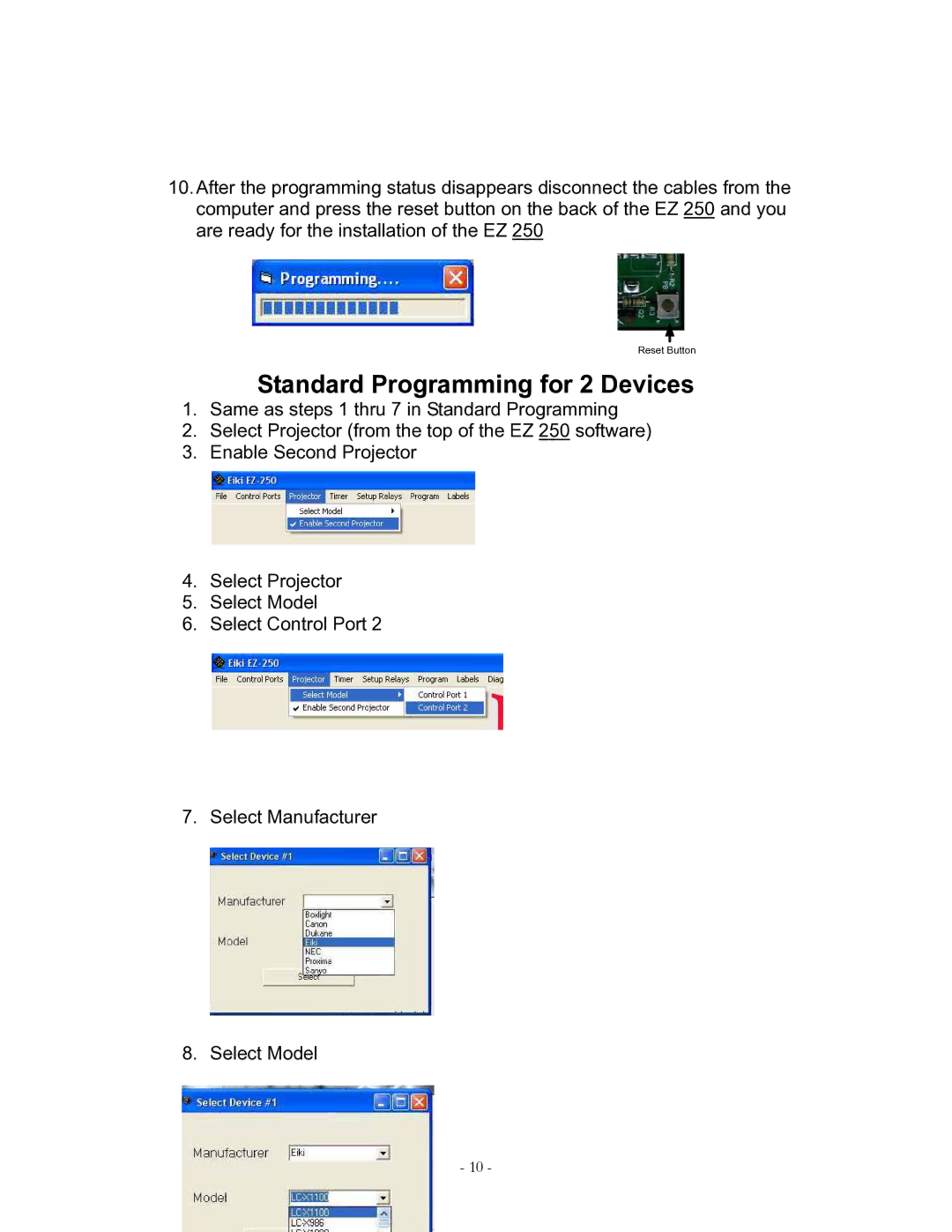 Eiki EZ 250 owner manual Standard Programming for 2 Devices 