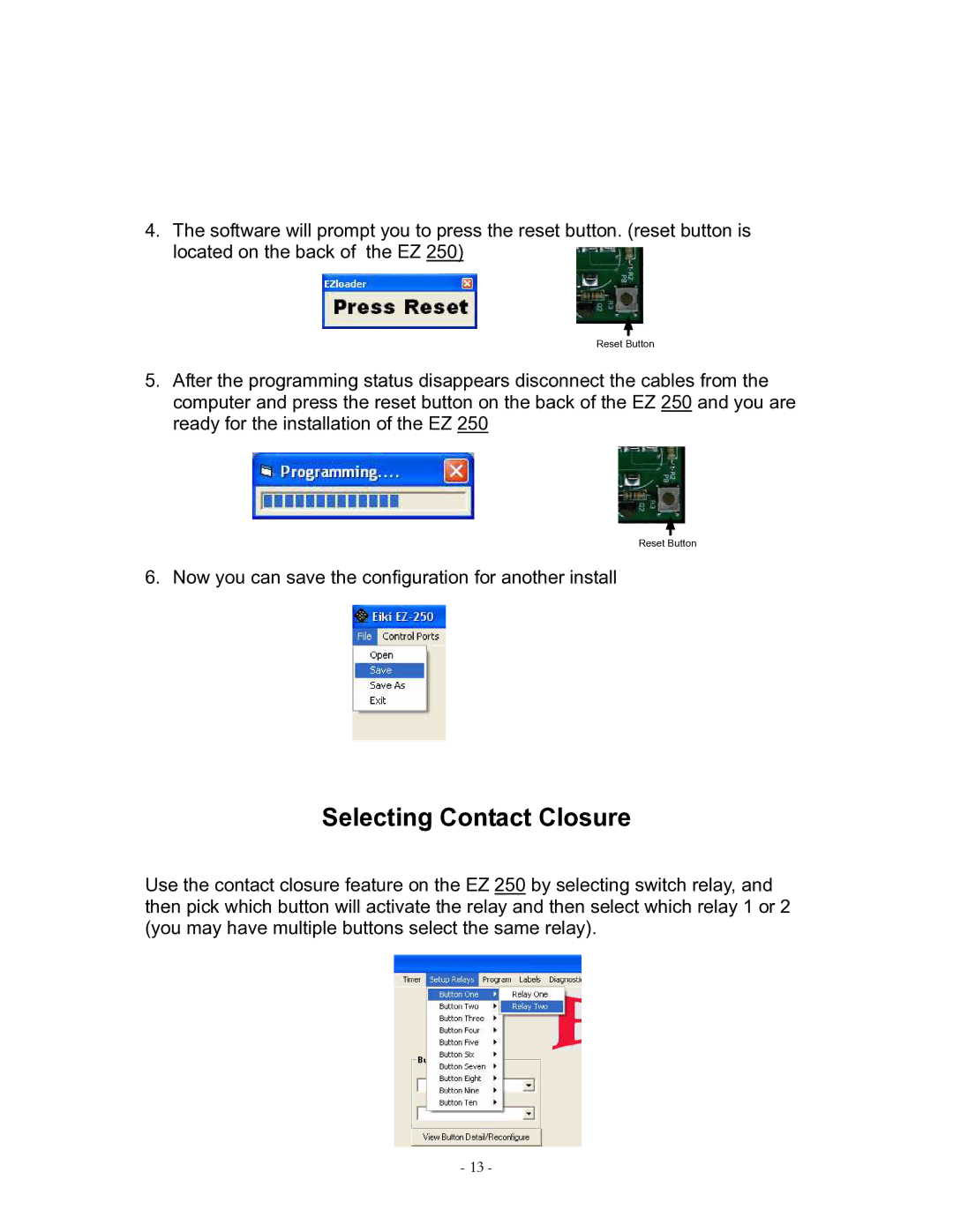 Eiki EZ 250 owner manual Selecting Contact Closure 