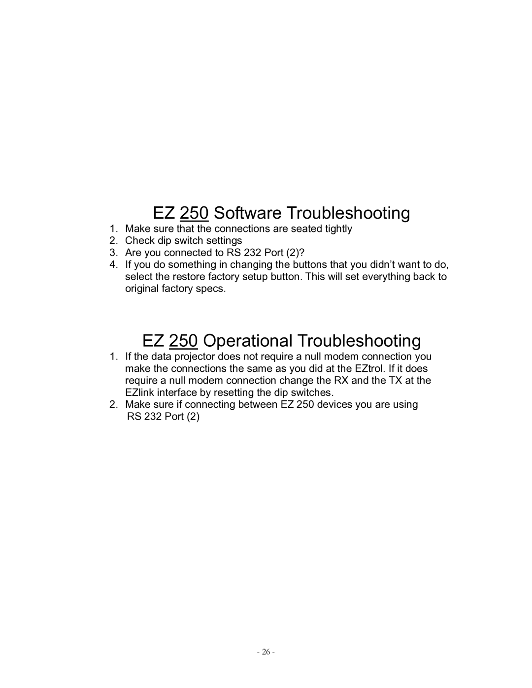 Eiki owner manual EZ 250 Software Troubleshooting, EZ 250 Operational Troubleshooting 