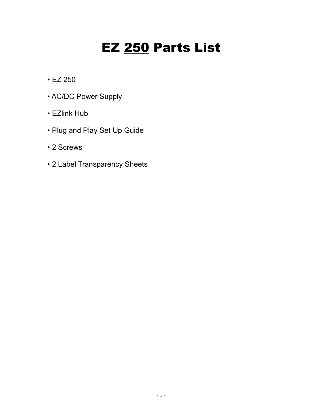 Eiki owner manual EZ 250 Parts List 