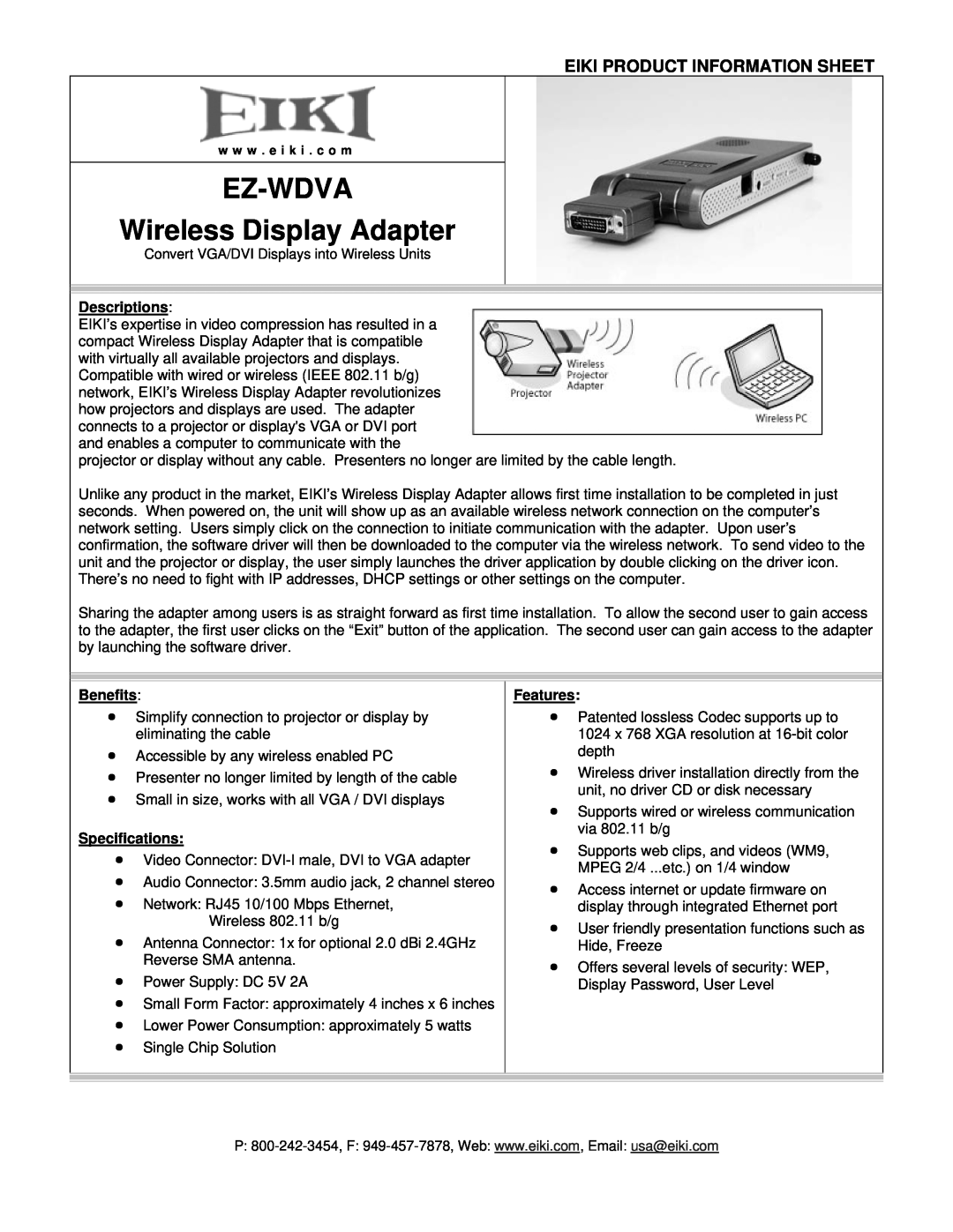 Eiki specifications EZ-WDVA Wireless Display Adapter, Eiki Product Information Sheet, Descriptions, Benefits, Features 