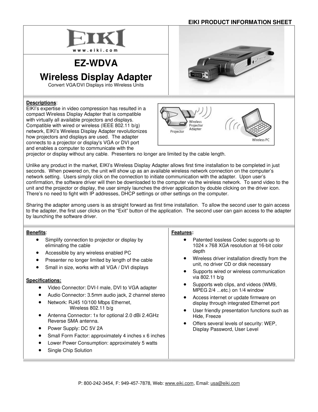 Eiki EZ-WDVA specifications Ez-Wdva, Wireless Display Adapter 