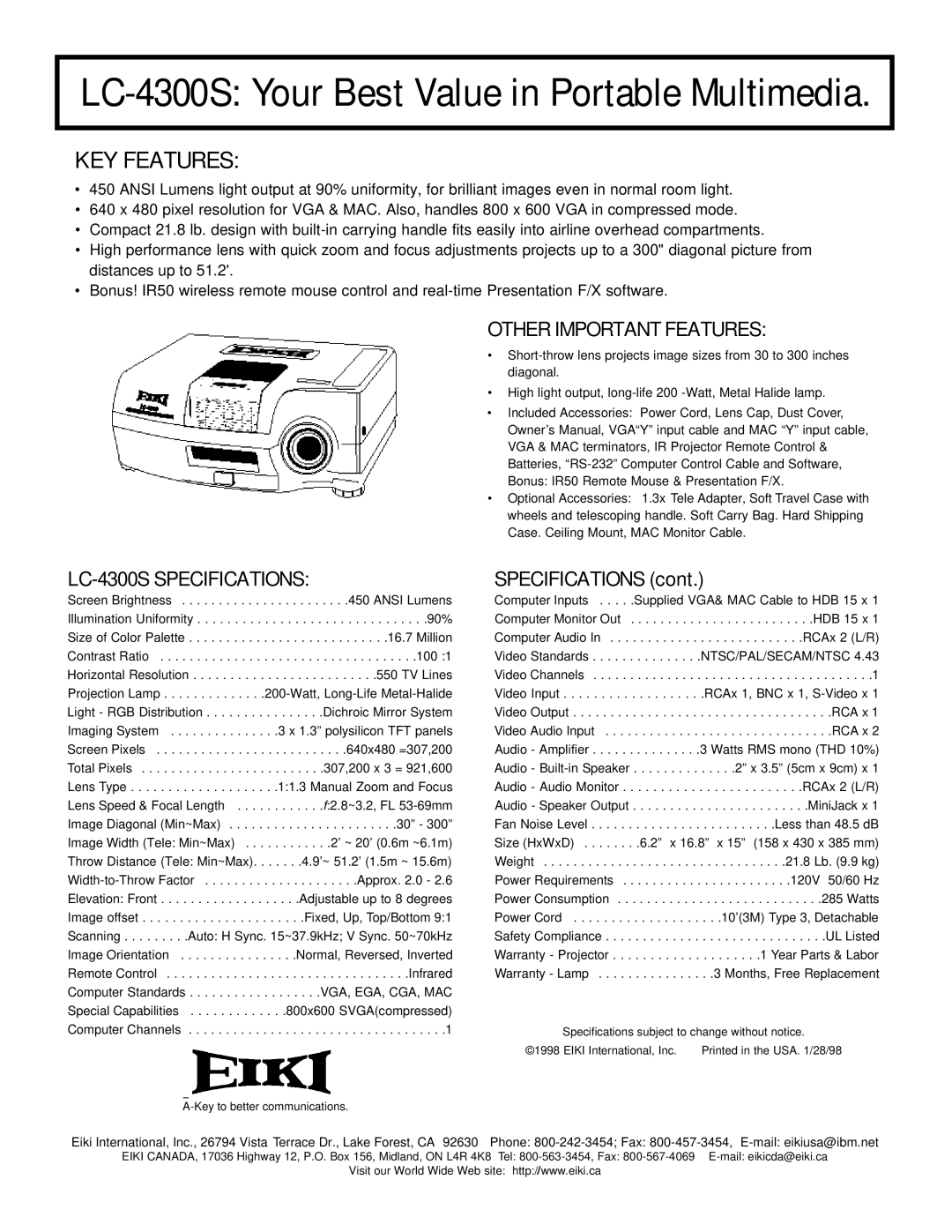 Eiki specifications LC-4300S Your Best Value in Portable Multimedia, KEY Features, LC-4300S Specifications 