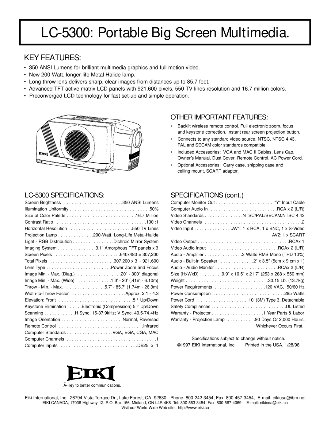 Eiki specifications LC-5300 Portable Big Screen Multimedia, KEY Features, Other Important Features, Specifications 