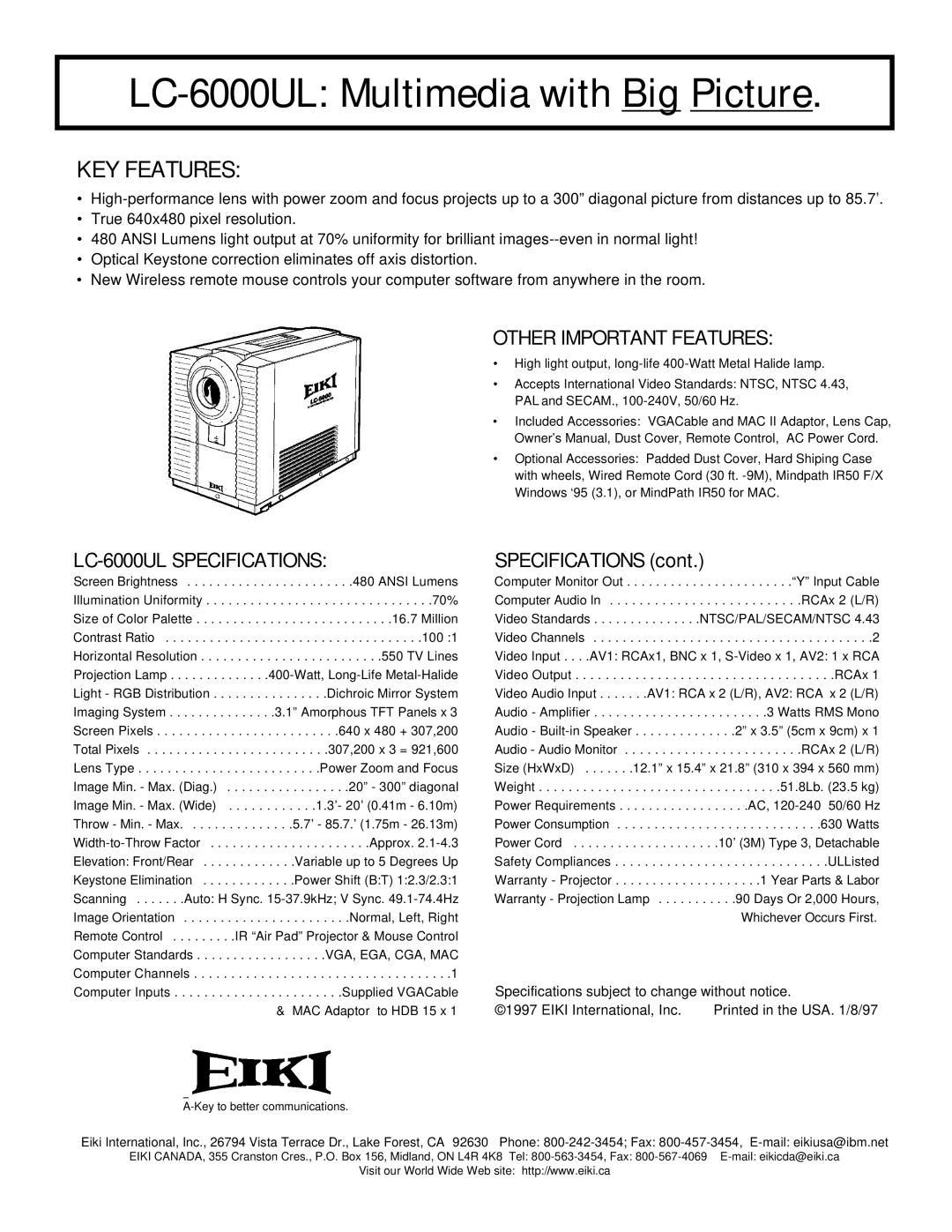 Eiki specifications LC-6000UL Multimedia with Big Picture, KEY Features, Other Important Features, Specifications 