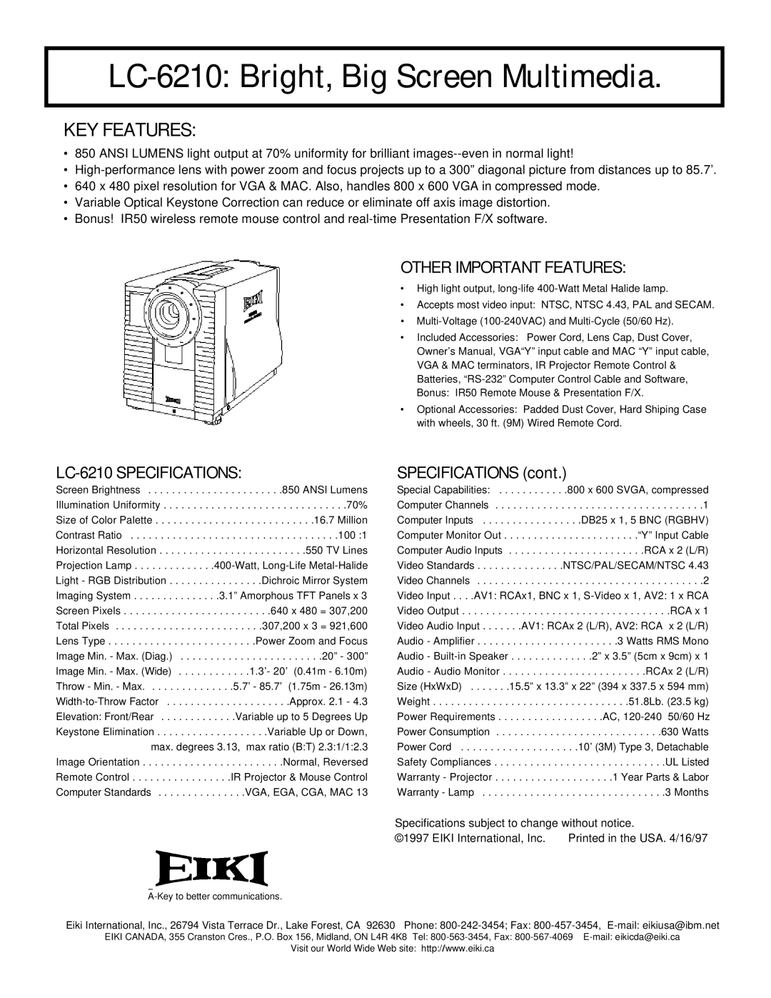 Eiki specifications LC-6210 Bright, Big Screen Multimedia, KEY Features, Other Important Features, Specifications 