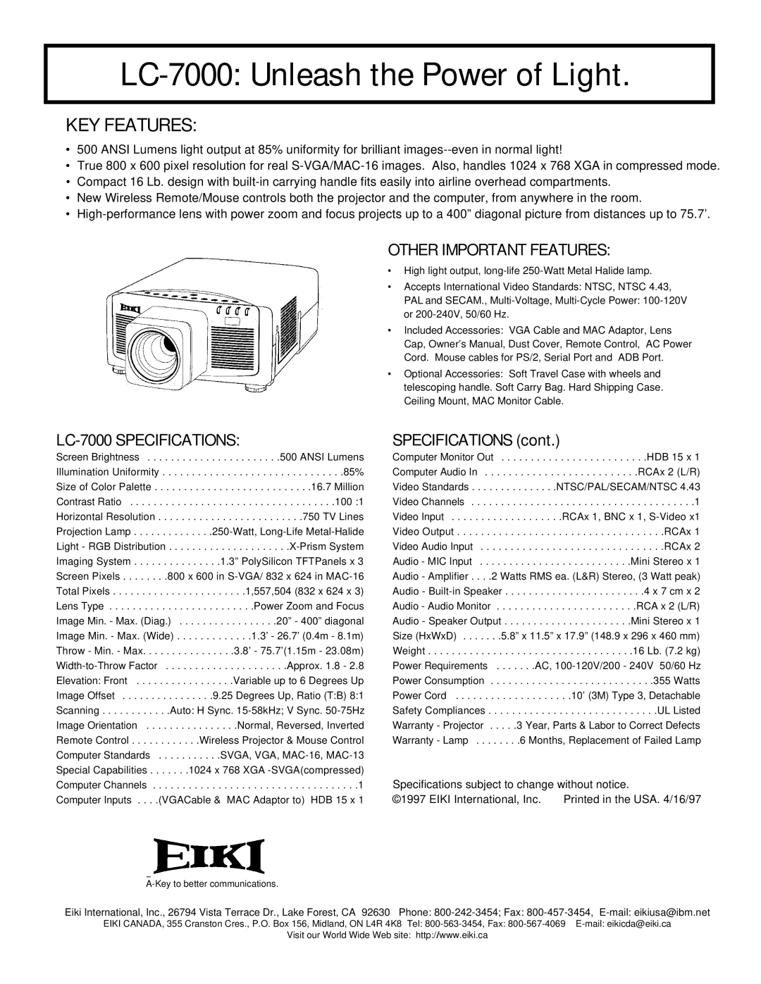 Eiki specifications LC-7000 Unleash the Power of Light, KEY Features, Other Important Features, LC-7000 Specifications 