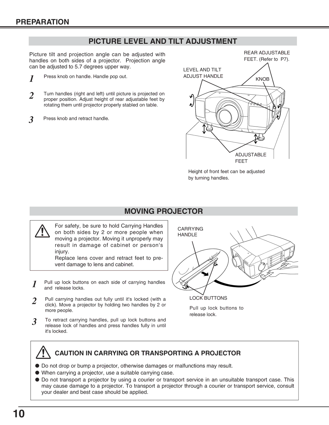 Eiki LC-HDT10 instruction manual Preparation Picture Level and Tilt Adjustment, Moving Projector 