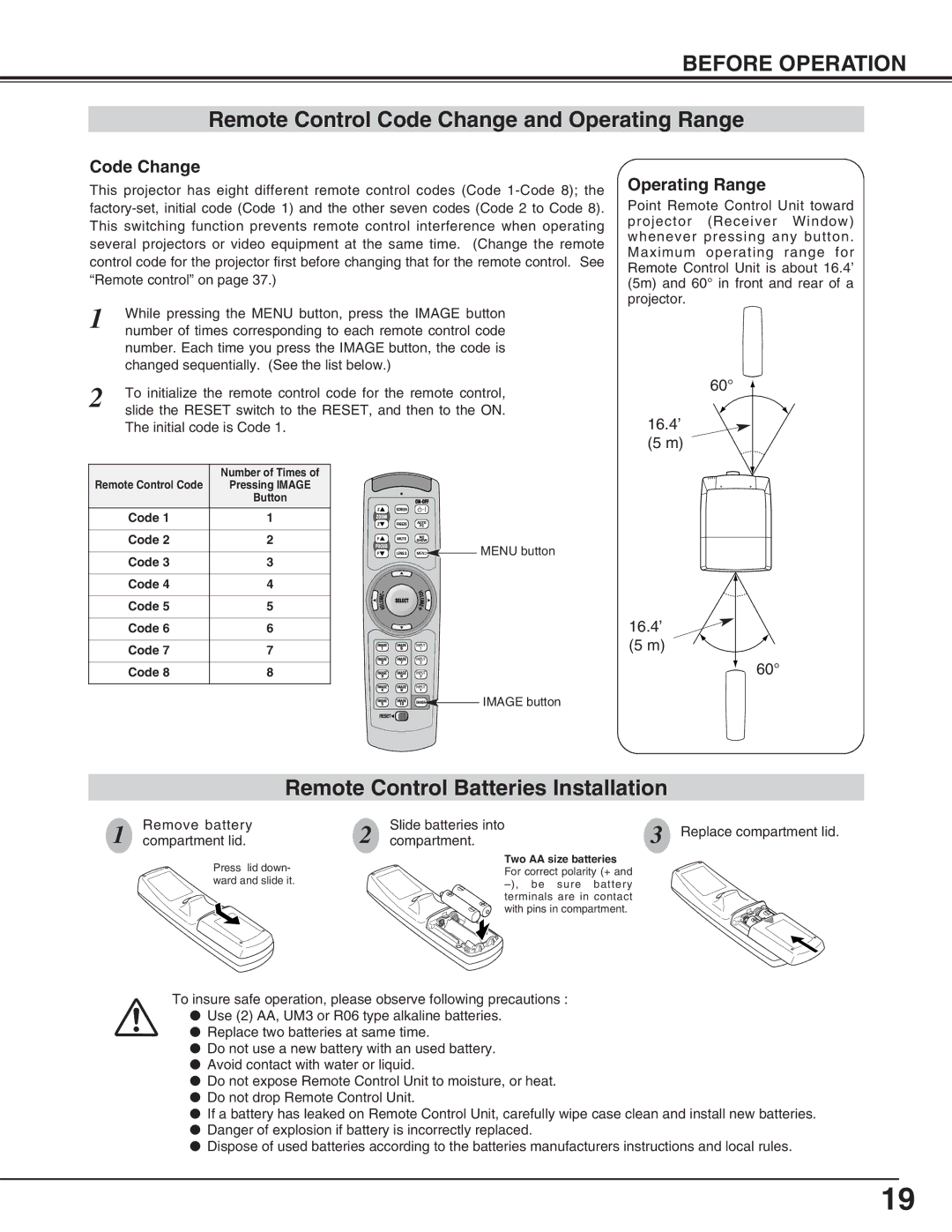 Eiki LC-HDT10 instruction manual Remote Control Code Change and Operating Range 