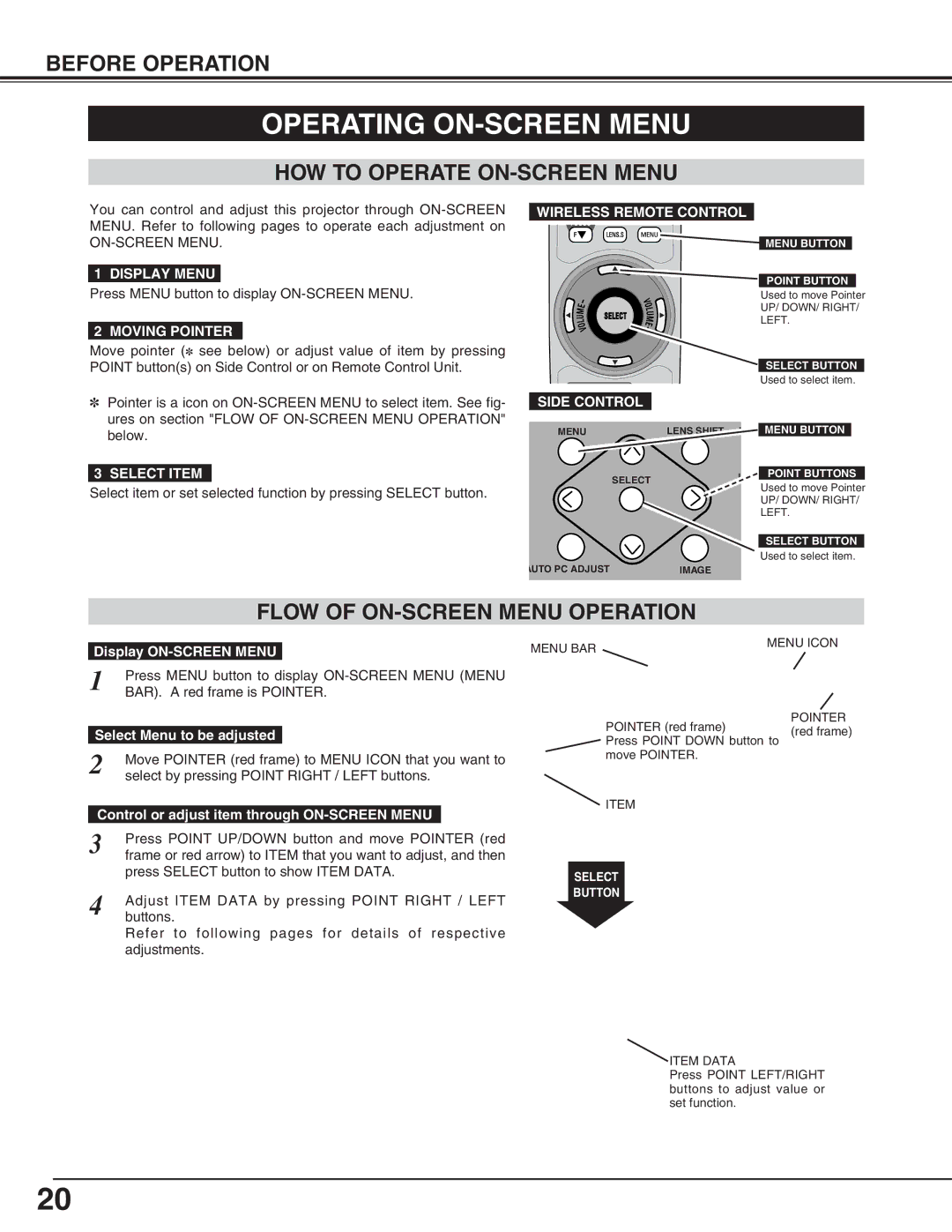 Eiki LC-HDT10 instruction manual Operating ON-SCREEN Menu, HOW to Operate ON-SCREEN Menu, Flow of ON-SCREEN Menu Operation 