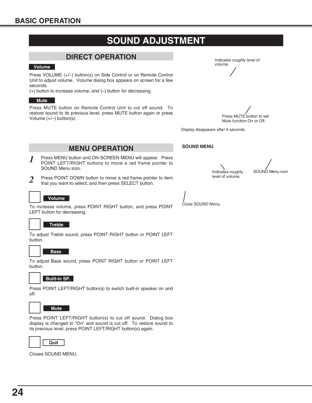 Eiki LC-HDT10 instruction manual Sound Adjustment, Direct Operation, Menu Operation, Sound Menu 