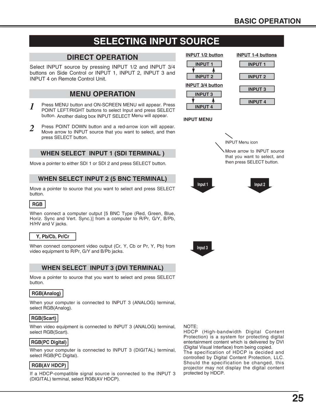 Eiki LC-HDT10 instruction manual Selecting Input Source, Pb/Cb, Pr/Cr, RGBAnalog, RGBScart, Rgbpc Digital 