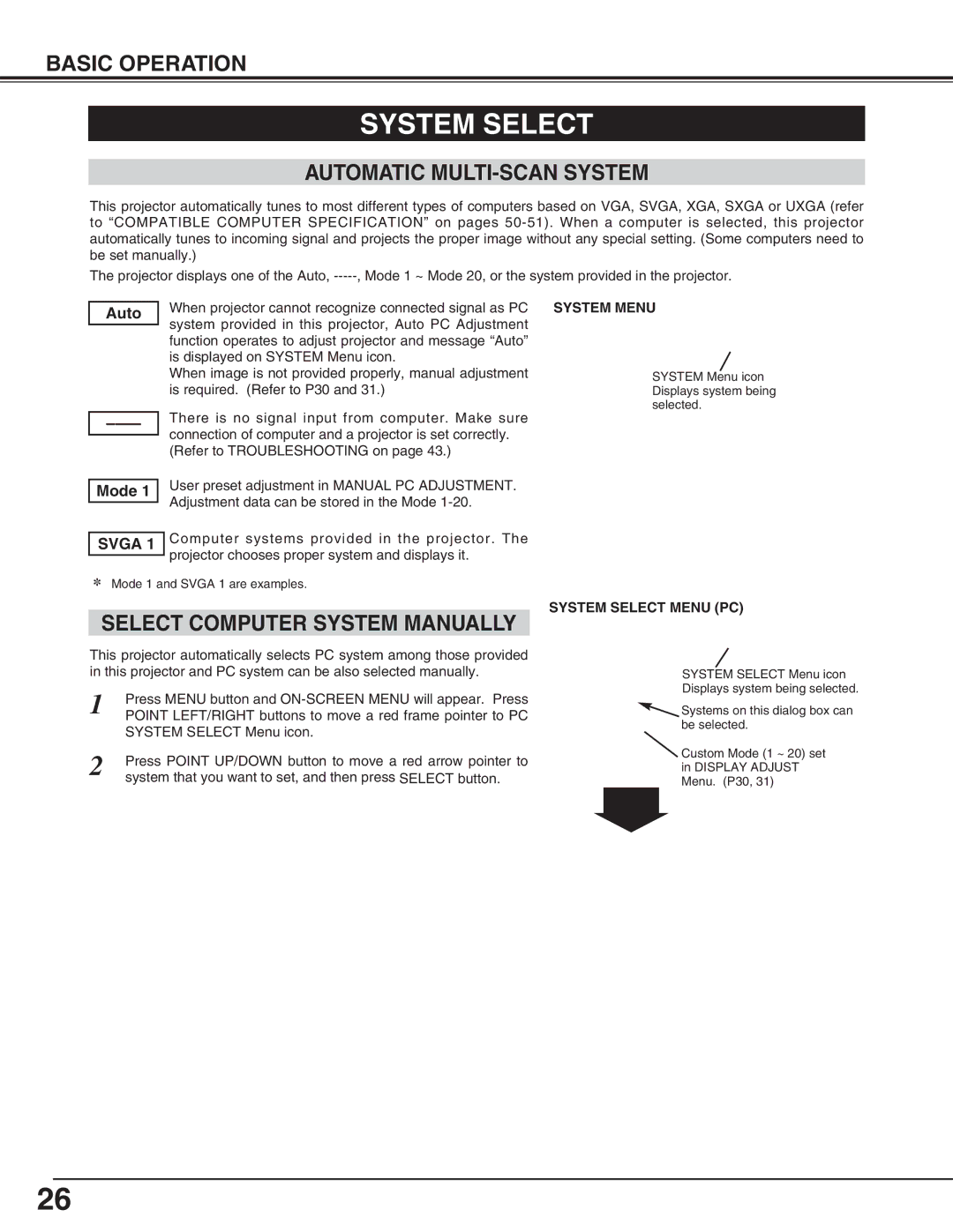 Eiki LC-HDT10 instruction manual Automatic MULTI-SCAN System, System Menu, System Select Menu PC 