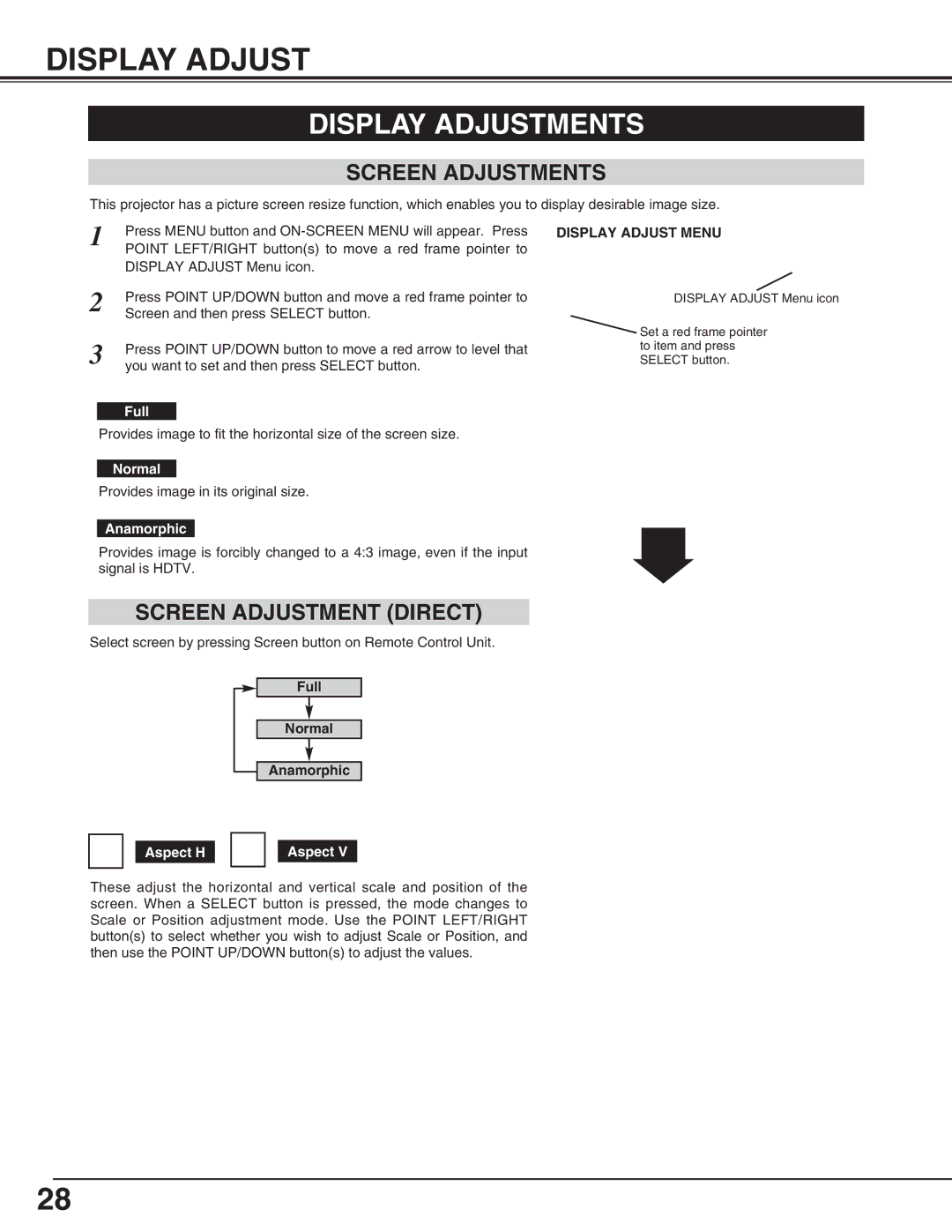 Eiki LC-HDT10 instruction manual Display Adjustments, Screen Adjustments, Screen Adjustment Direct, Display Adjust Menu 