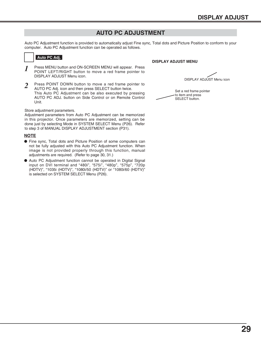 Eiki LC-HDT10 instruction manual Display Adjust Auto PC Adjustment 