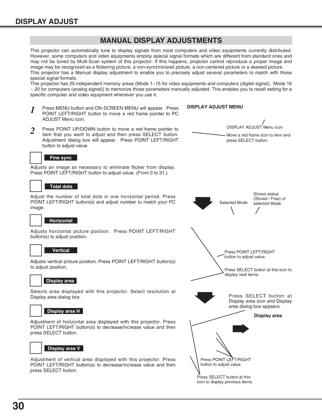 Eiki LC-HDT10 instruction manual Display Adjust Manual Display Adjustments 