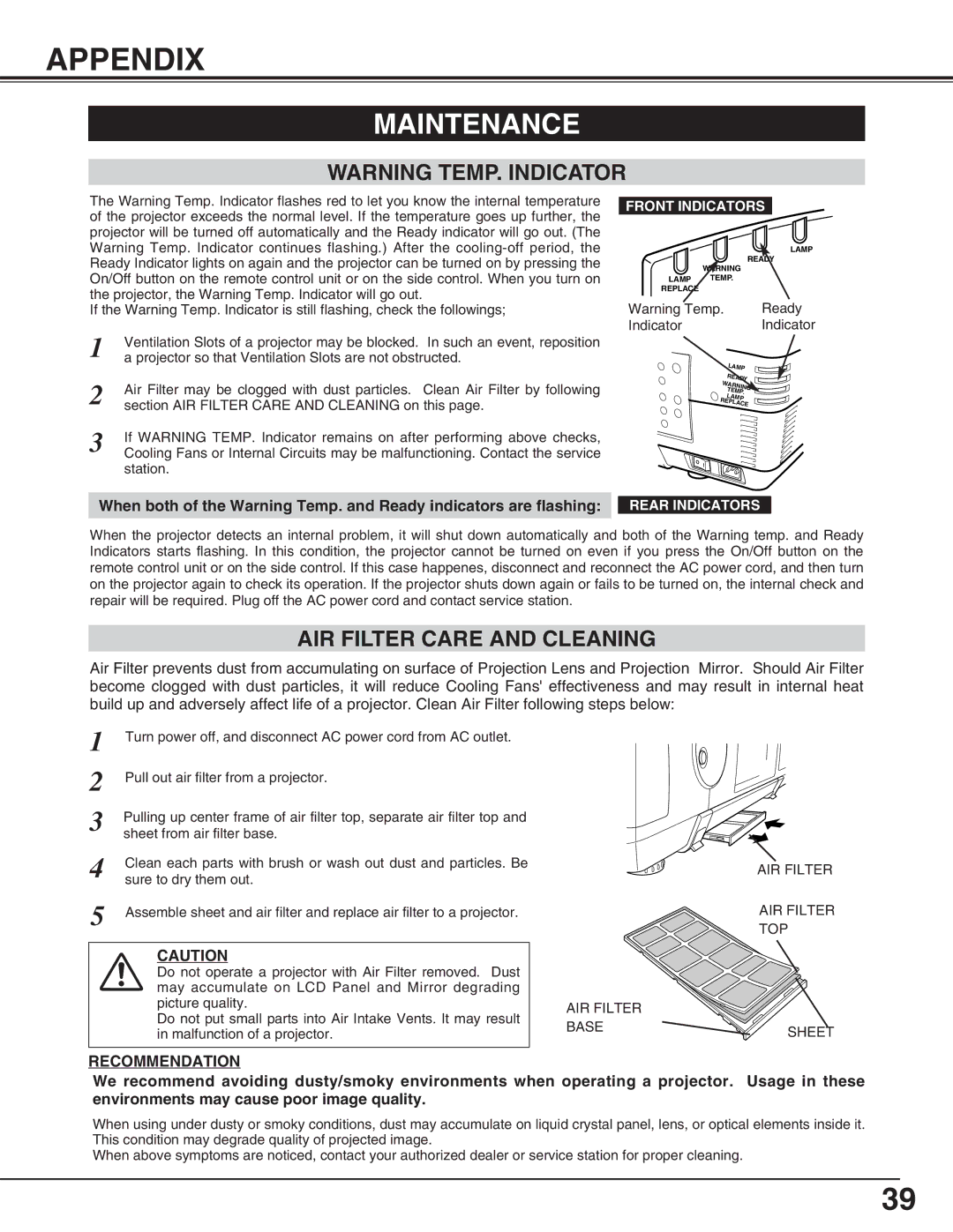 Eiki LC-HDT10 instruction manual Appendix, Maintenance, AIR Filter Care and Cleaning, Ready, Indicator 