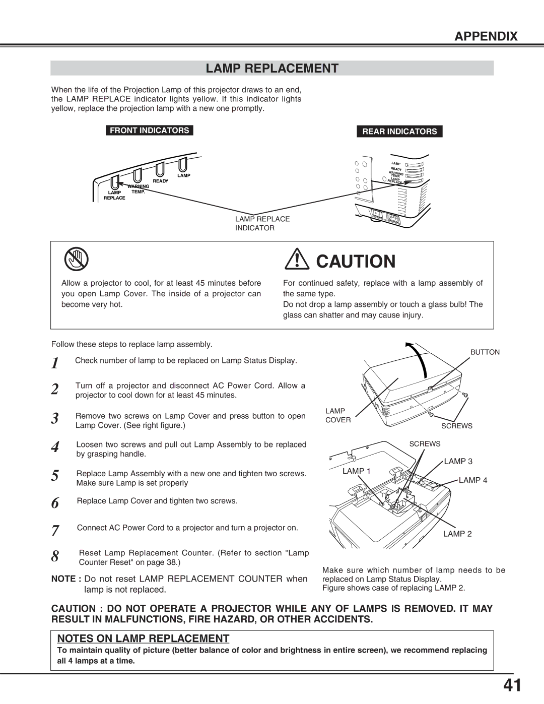 Eiki LC-HDT10 instruction manual Appendix Lamp Replacement, Front Indicators Rear Indicators 