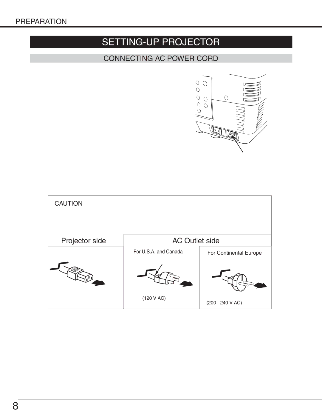 Eiki LC-HDT10 SETTING-UP Projector, Connecting AC Power Cord, For U.S.A. and Canada For Continental Europe, 200 240 V AC 