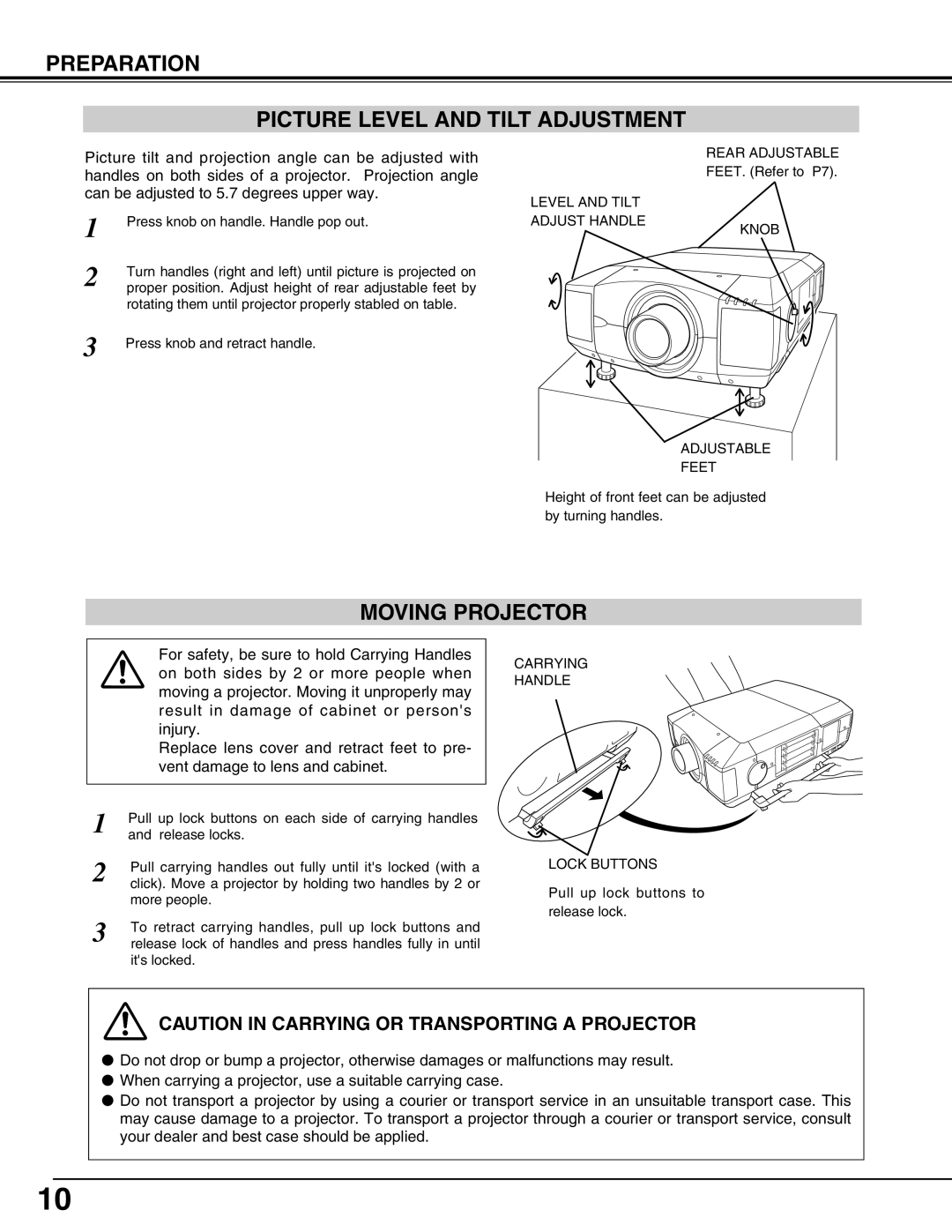 Eiki LC-HDT10 instruction manual Preparation Picture Level and Tilt Adjustment, Moving Projector 