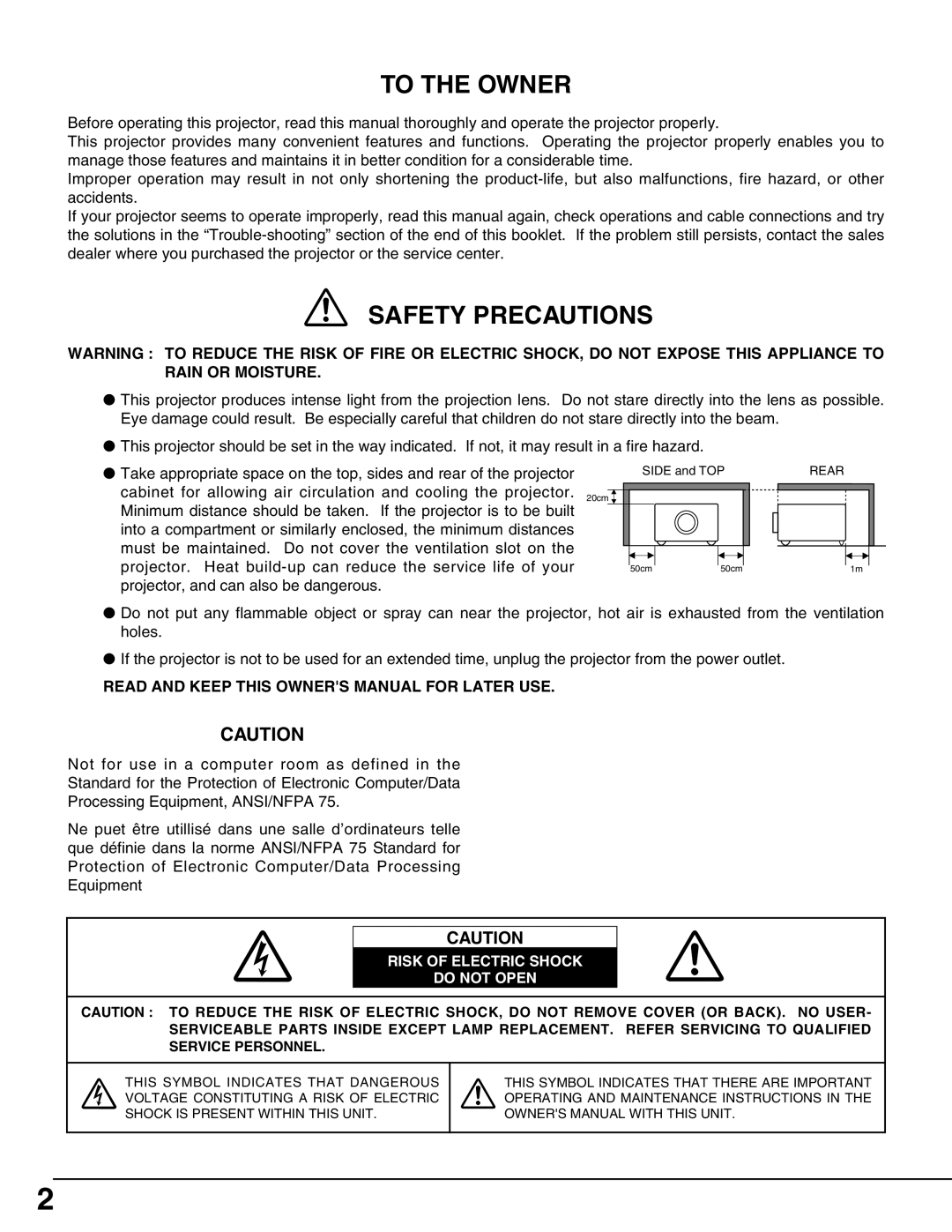 Eiki LC-HDT10 instruction manual To the Owner 