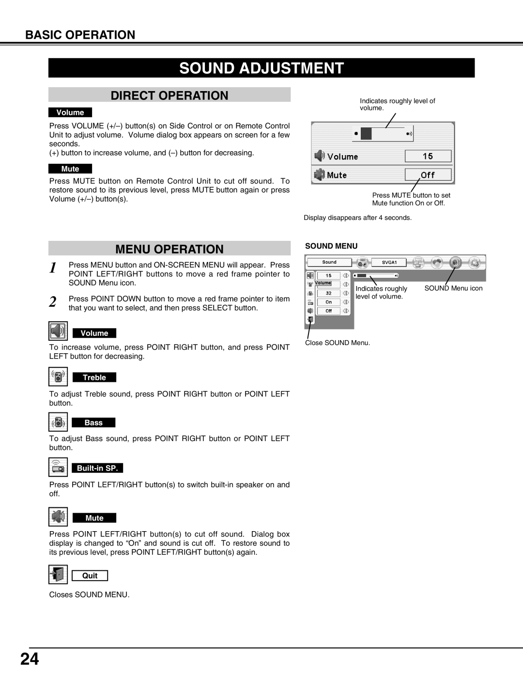 Eiki LC-HDT10 instruction manual Sound Adjustment, Direct Operation, Menu Operation, Sound Menu 