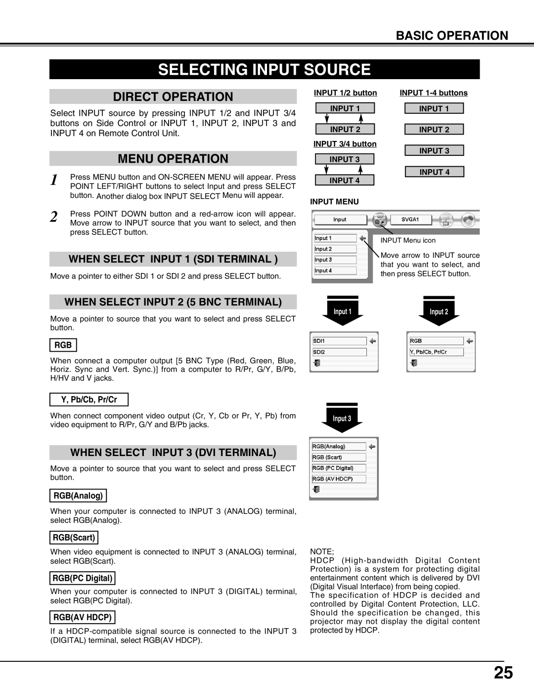 Eiki LC-HDT10 instruction manual Selecting Input Source, Pb/Cb, Pr/Cr, RGBAnalog, RGBScart, Rgbpc Digital 