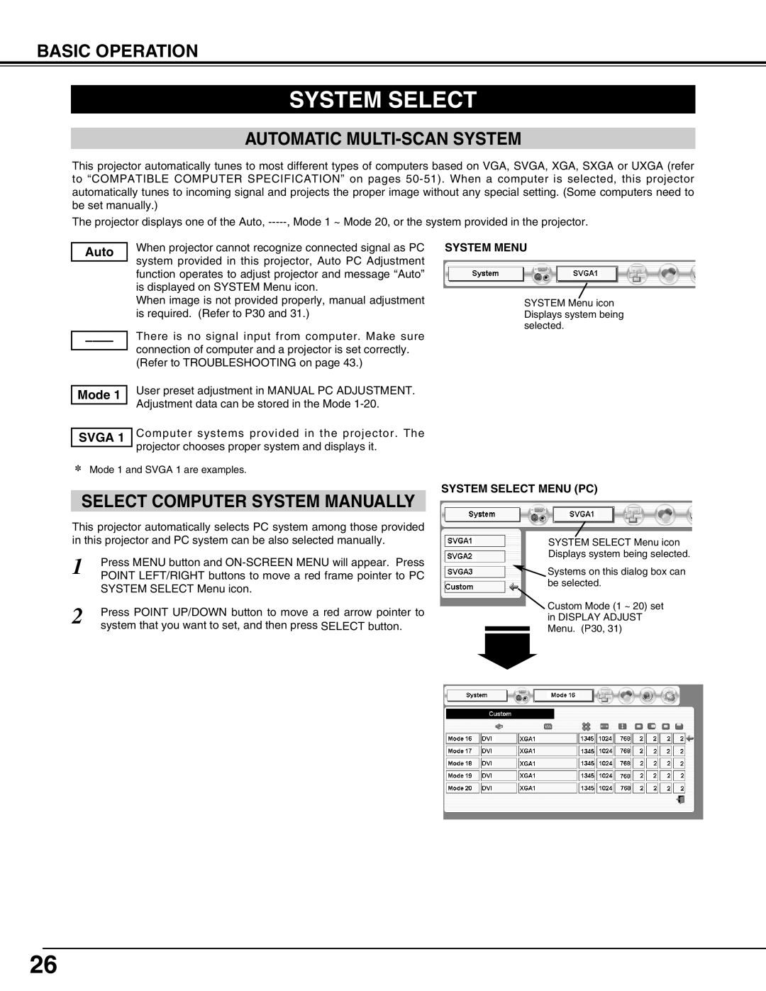 Eiki LC-HDT10 instruction manual Automatic MULTI-SCAN System, System Menu, System Select Menu PC 