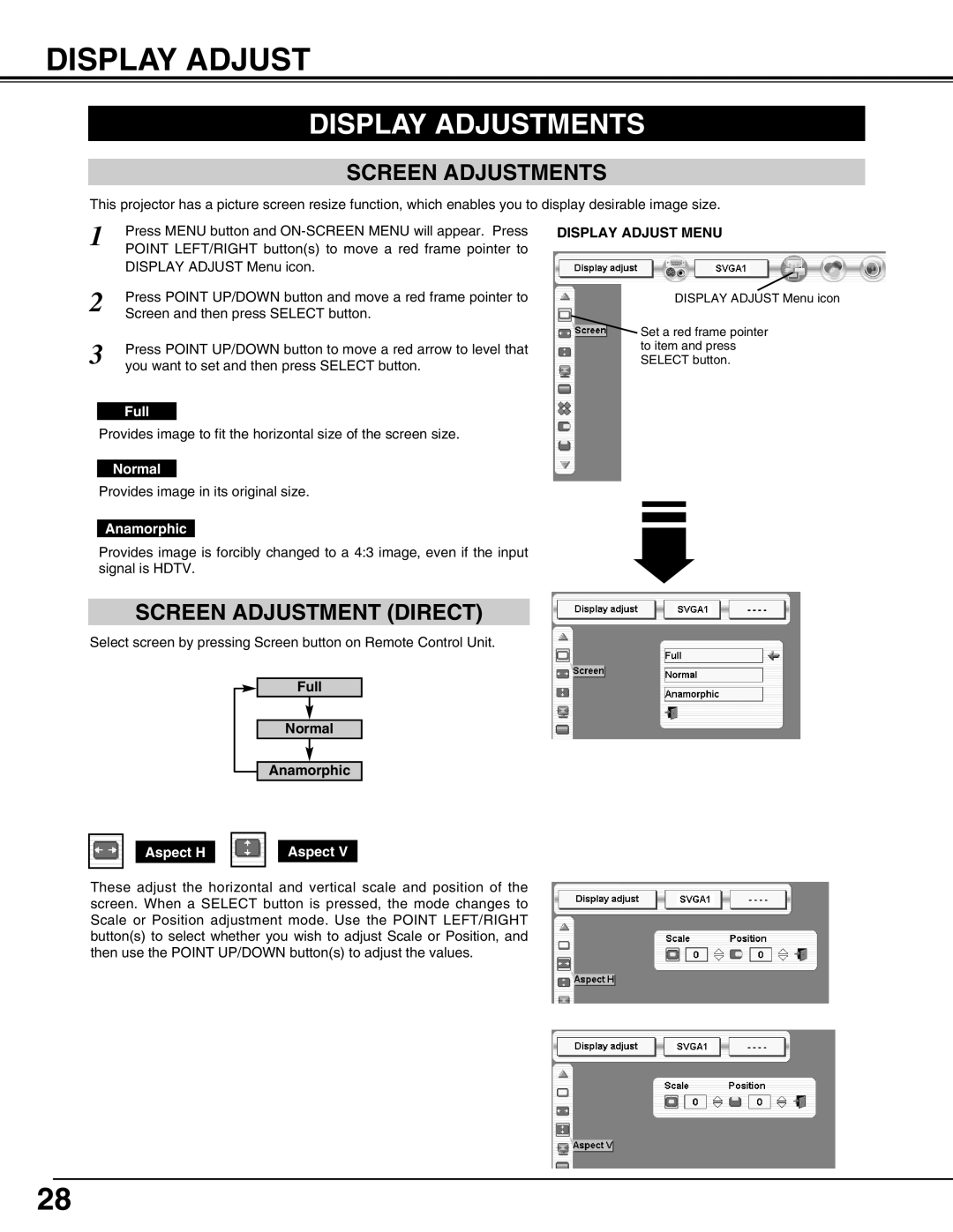 Eiki LC-HDT10 instruction manual Display Adjustments, Screen Adjustments, Screen Adjustment Direct, Display Adjust Menu 