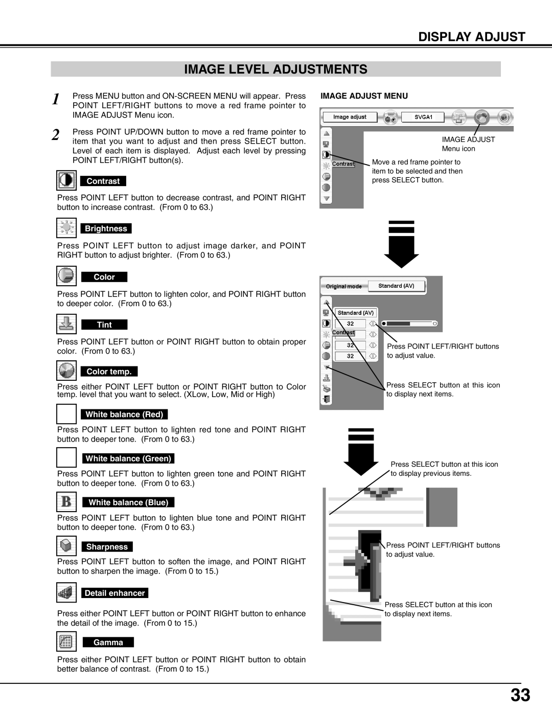 Eiki LC-HDT10 instruction manual Display Adjust Image Level Adjustments 