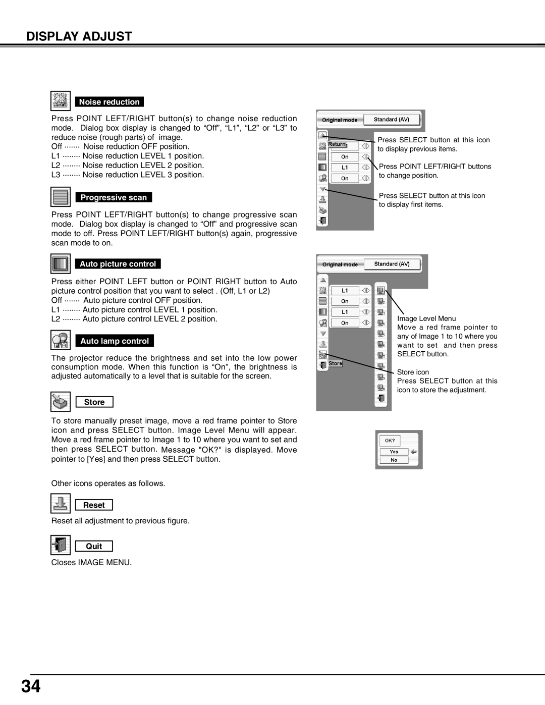 Eiki LC-HDT10 instruction manual Noise reduction, Progressive scan, Auto picture control, Auto lamp control 