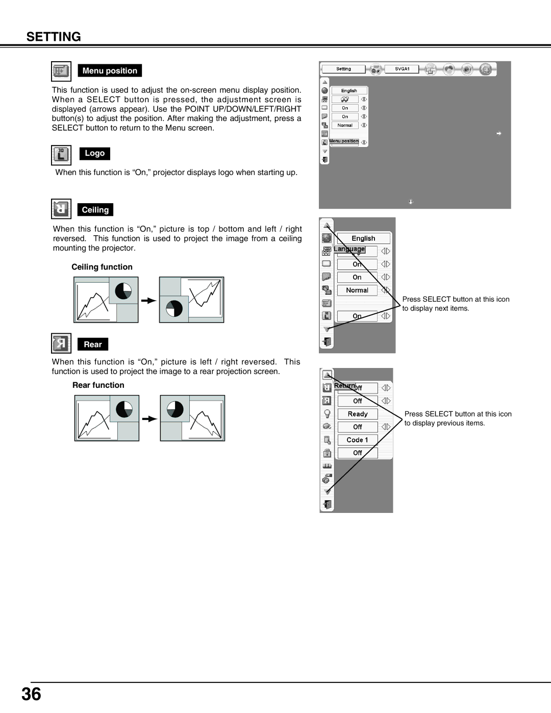 Eiki LC-HDT10 instruction manual Menu position, Logo, Ceiling, Rear 