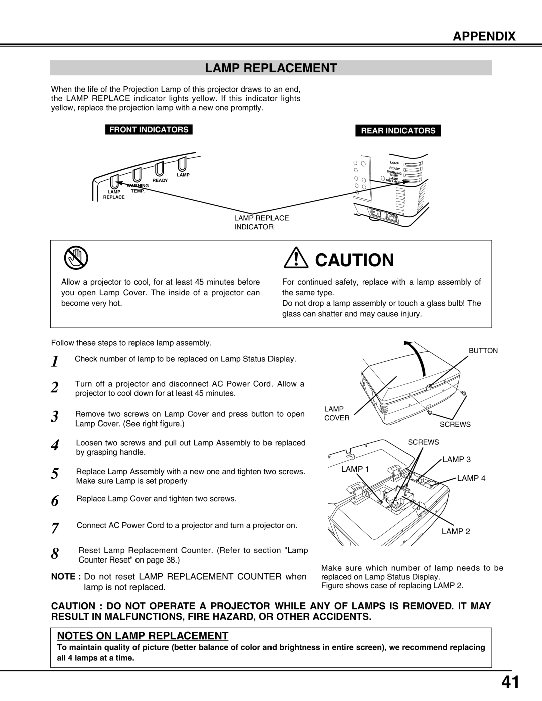 Eiki LC-HDT10 instruction manual Appendix Lamp Replacement, Front Indicators Rear Indicators 