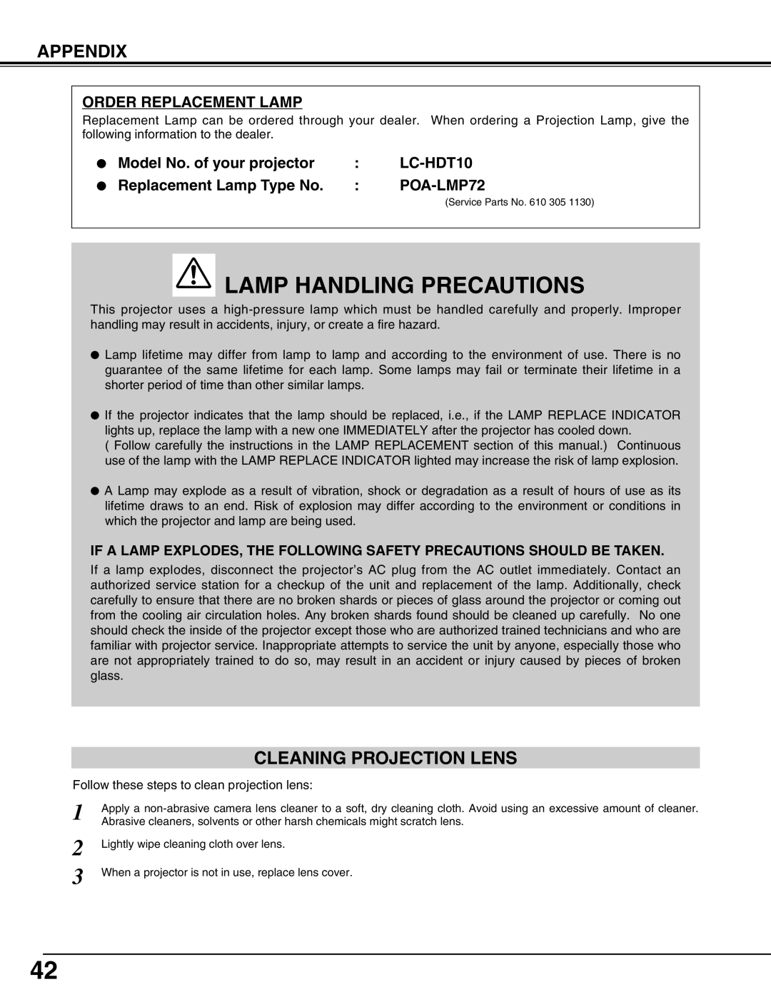 Eiki LC-HDT10 instruction manual Cleaning Projection Lens, Order Replacement Lamp 